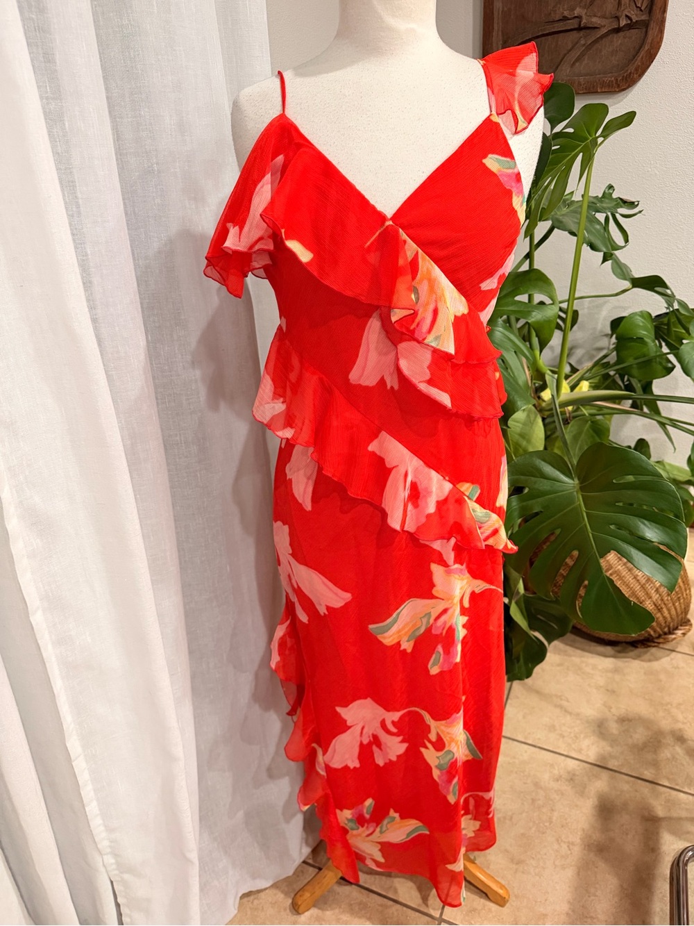 Future Collective XS Red Floral Ruffle Midi Dress Sheer Romantic Jenee Naylor